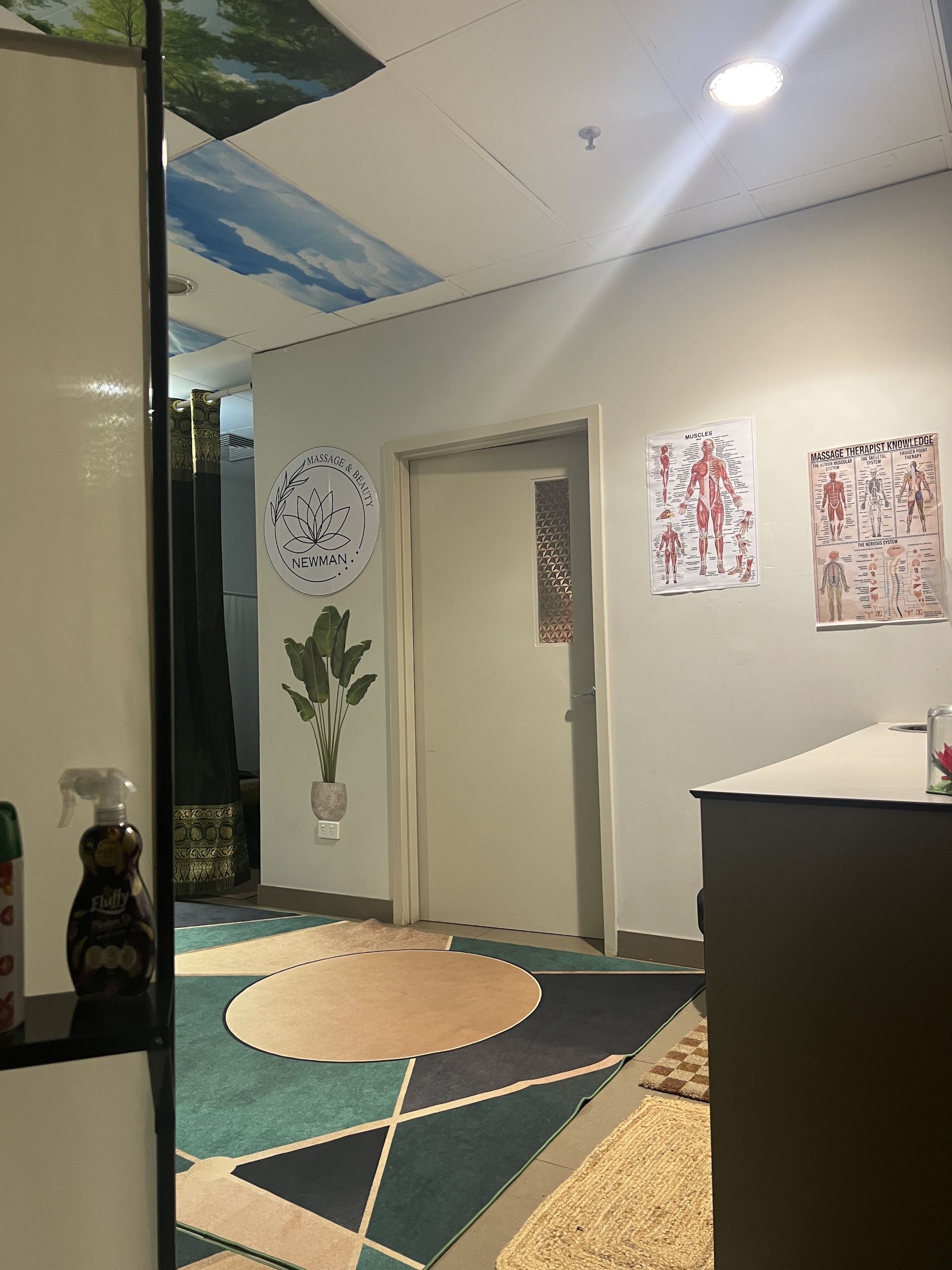 The reception desk and hallway at Newman Massage, with anatomy reference posters on the wall
